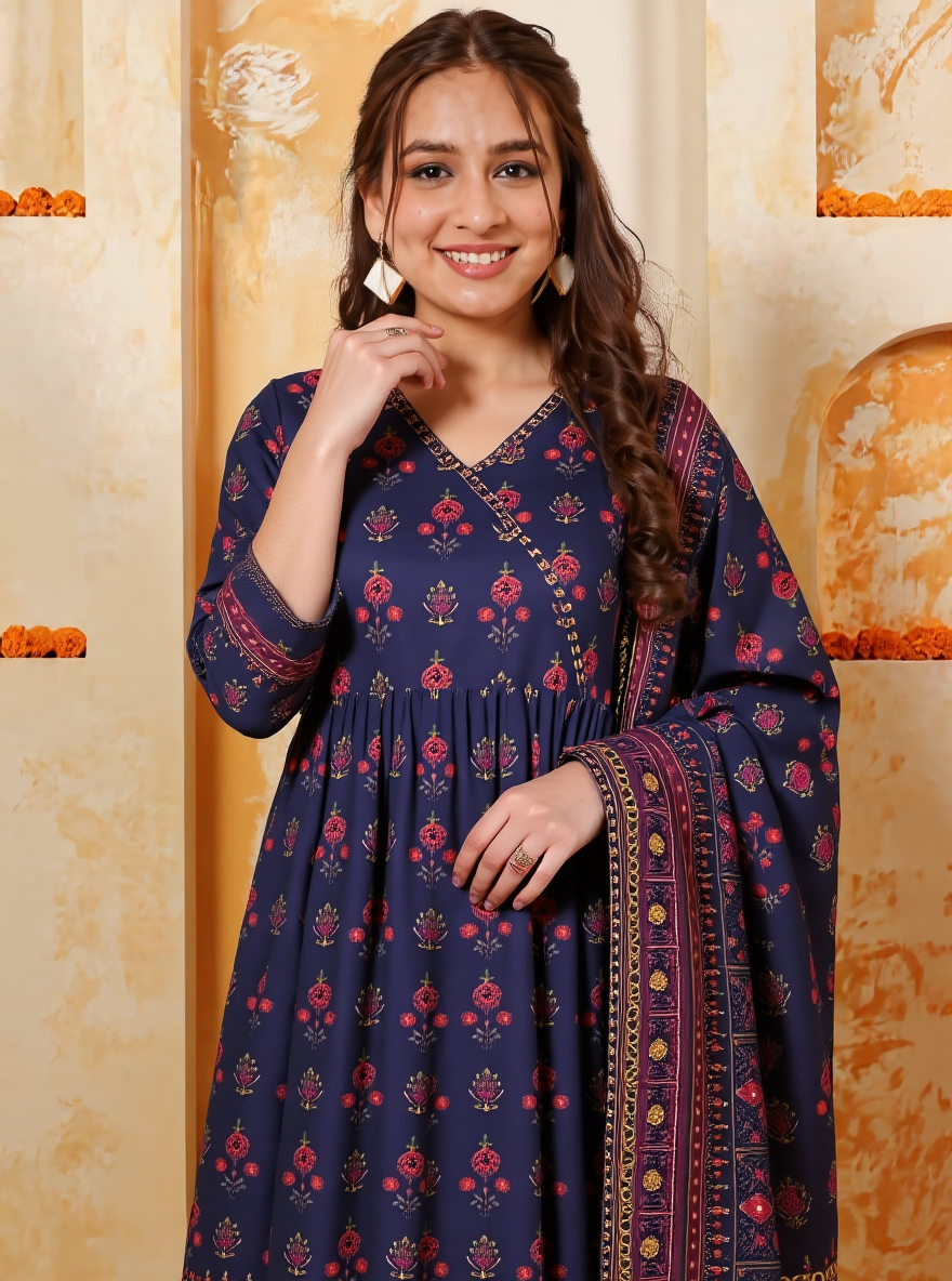 Soft Cotton Geometric Angrakha Purple Kurta