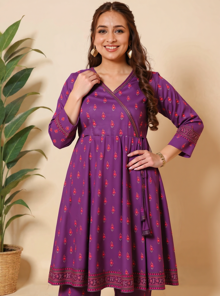Embroidered Viscose Floral Angrakha Purple Kurta