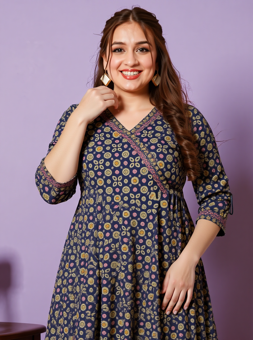 Soft Cotton Geometric Angrakha Navy Blue Kurta