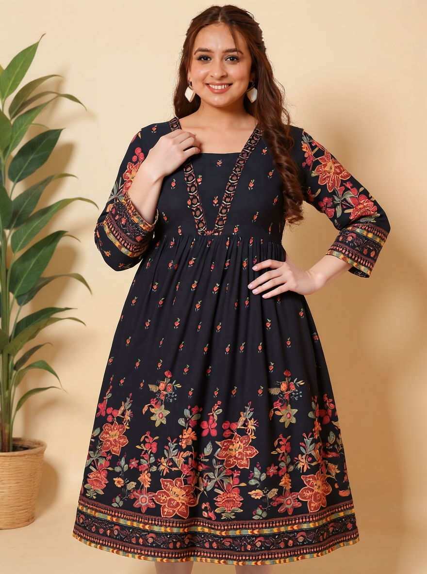 Viscose Placement Print Flared Black Dress