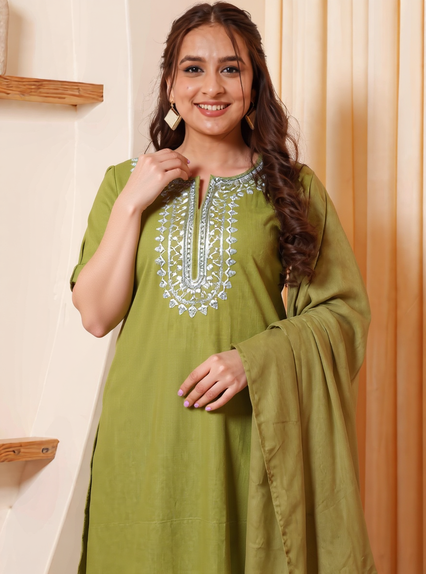 Embroidered Soft Cotton Solid Straight Green Kurta