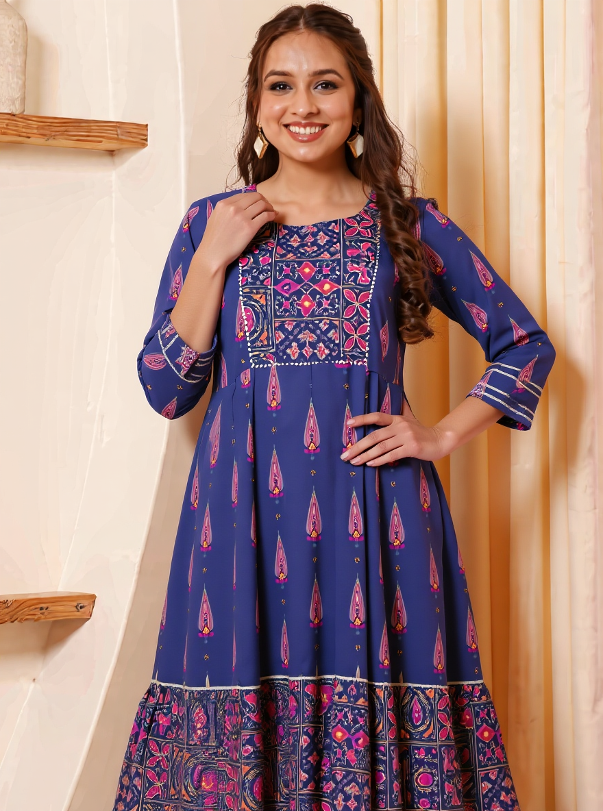 Soft Cotton Mughal Print Anarkali Purple Kurta
