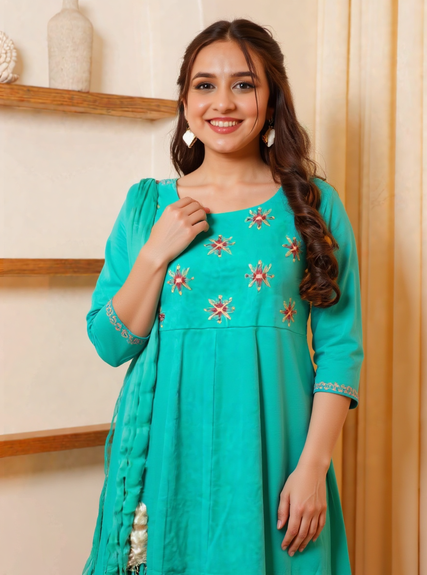 Embroidered Linen Cotton Solid Anarkali Sea Green Kurta
