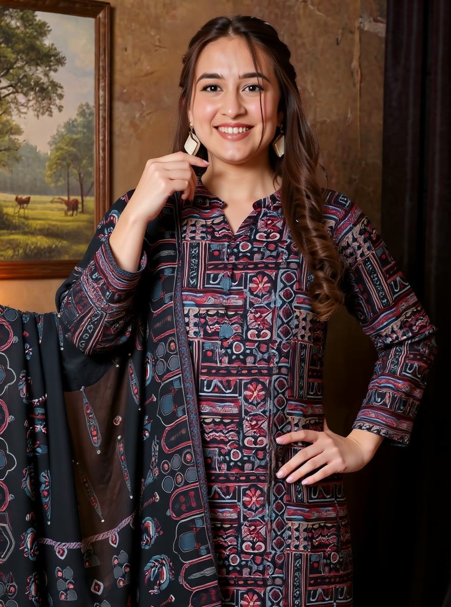 Viscose Patchwork Straight Black Kurta