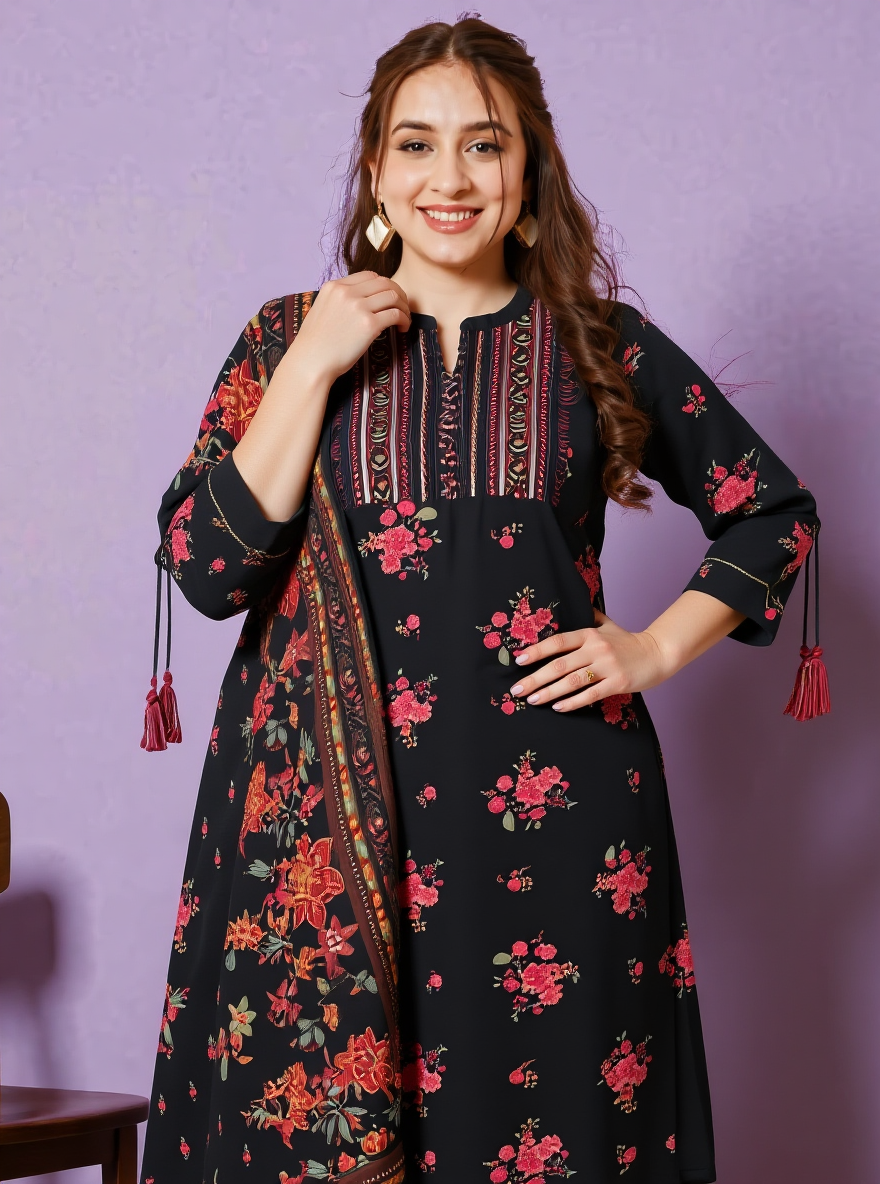 Embroidered Viscose Floral Straight Black Kurta