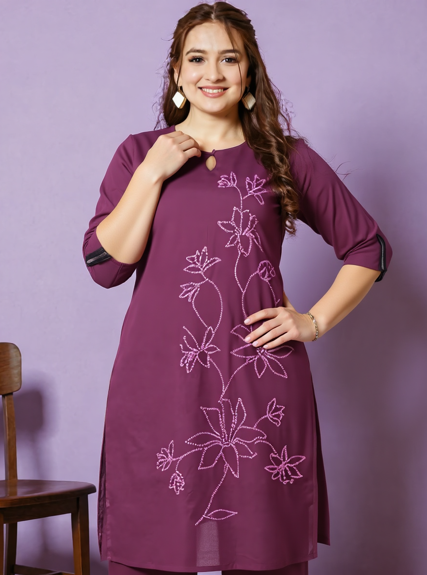 Embroidered Soft Cotton Solid Straight Wine Kurta