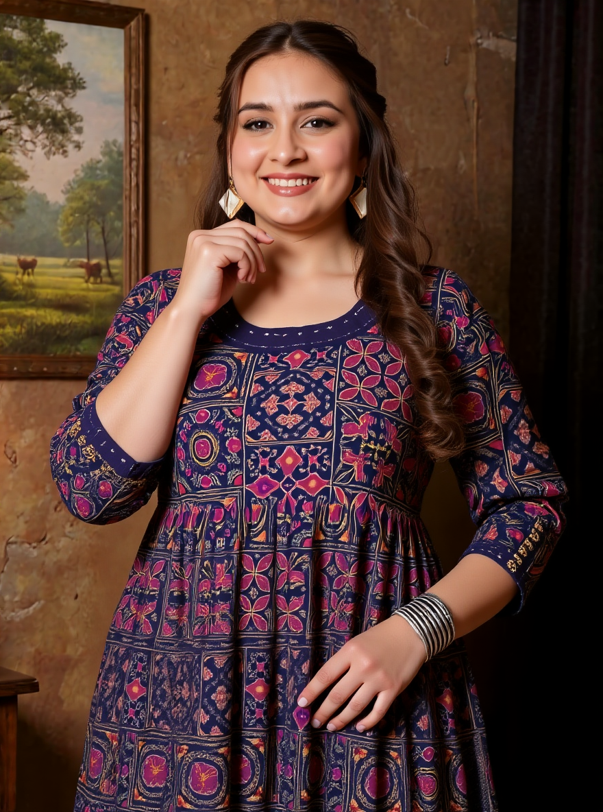 Soft Cotton Geometric Flared Navy Blue Kurta