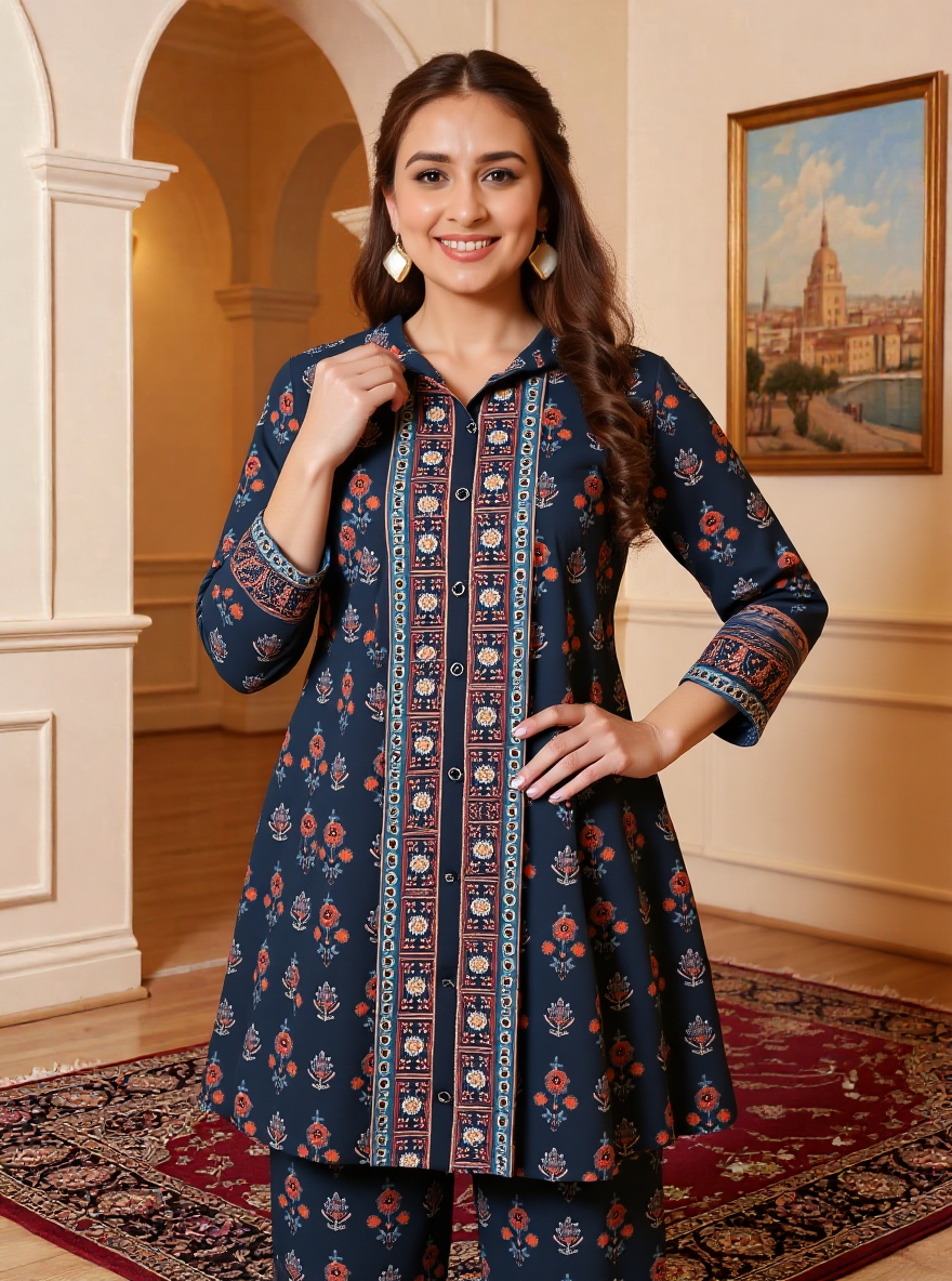 Soft Cotton Floral High Low Black Kurta