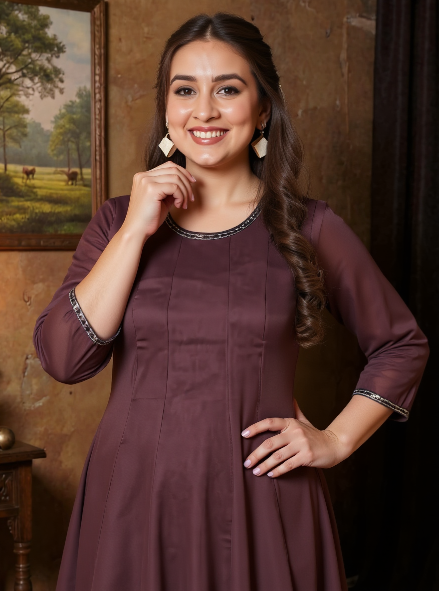 Embroidered Cotton Voile Solid Anarkali Brown Kurta
