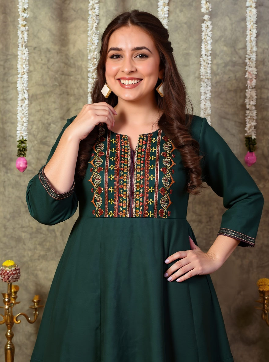 Embroidered Linen Cotton Solid Green Kurta