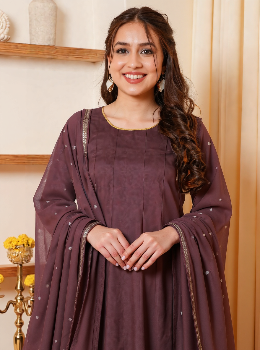 Embroidered Cotton Voile Solid Anarkali Brown Kurta