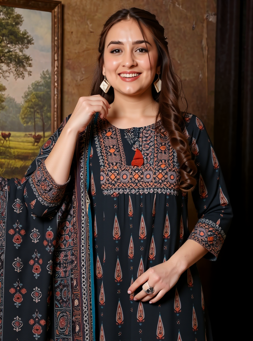 Soft Cotton Geometric Flared Black Kurta