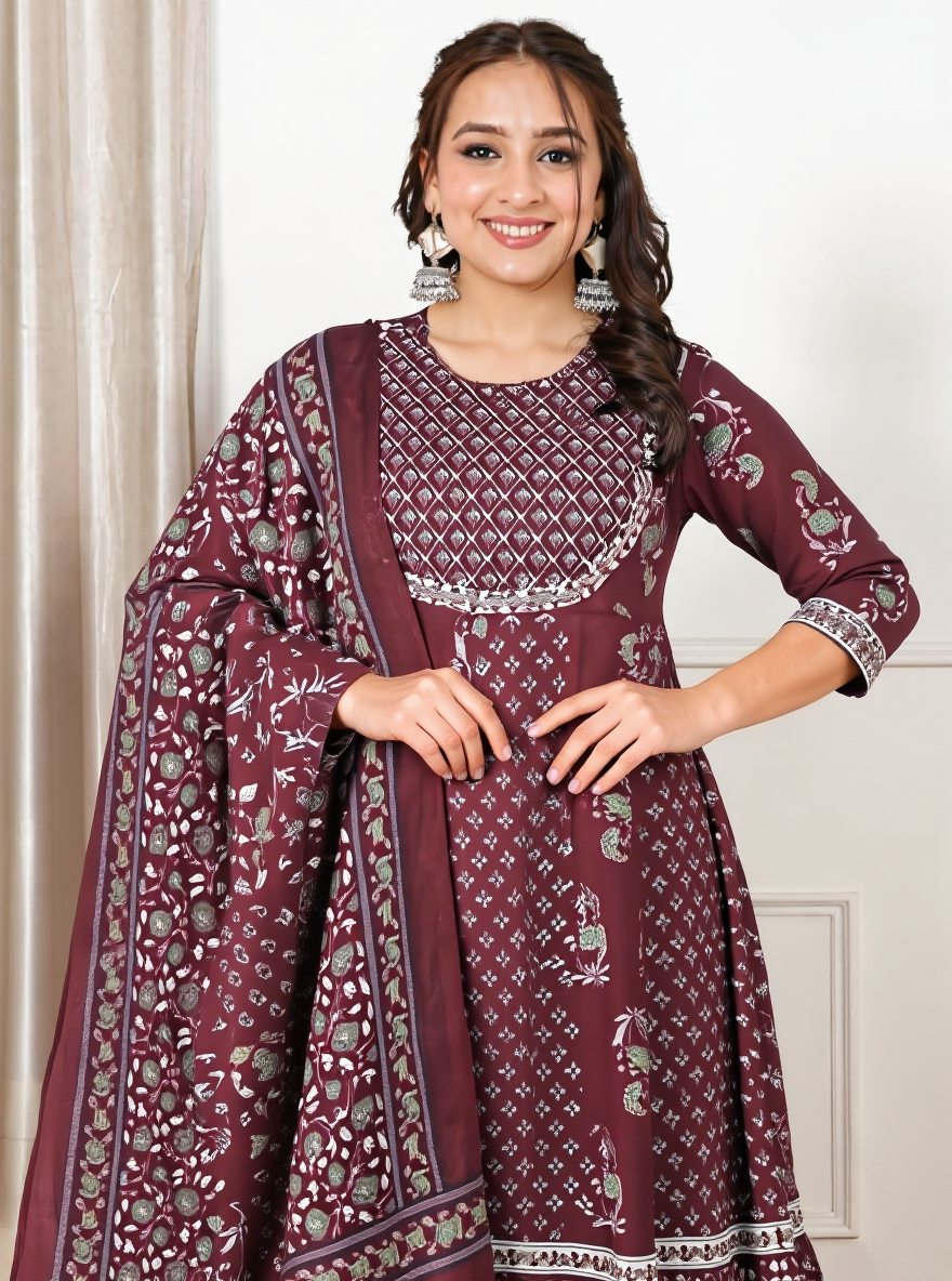 Embroidered Soft Cotton Floral Anarkali Maroon Kurta