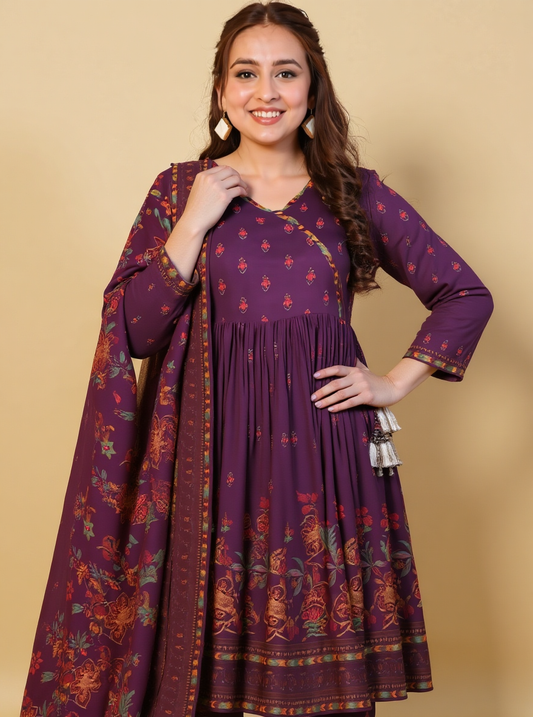 Embroidered Viscose Placement Print Angrakha Mauve Kurta