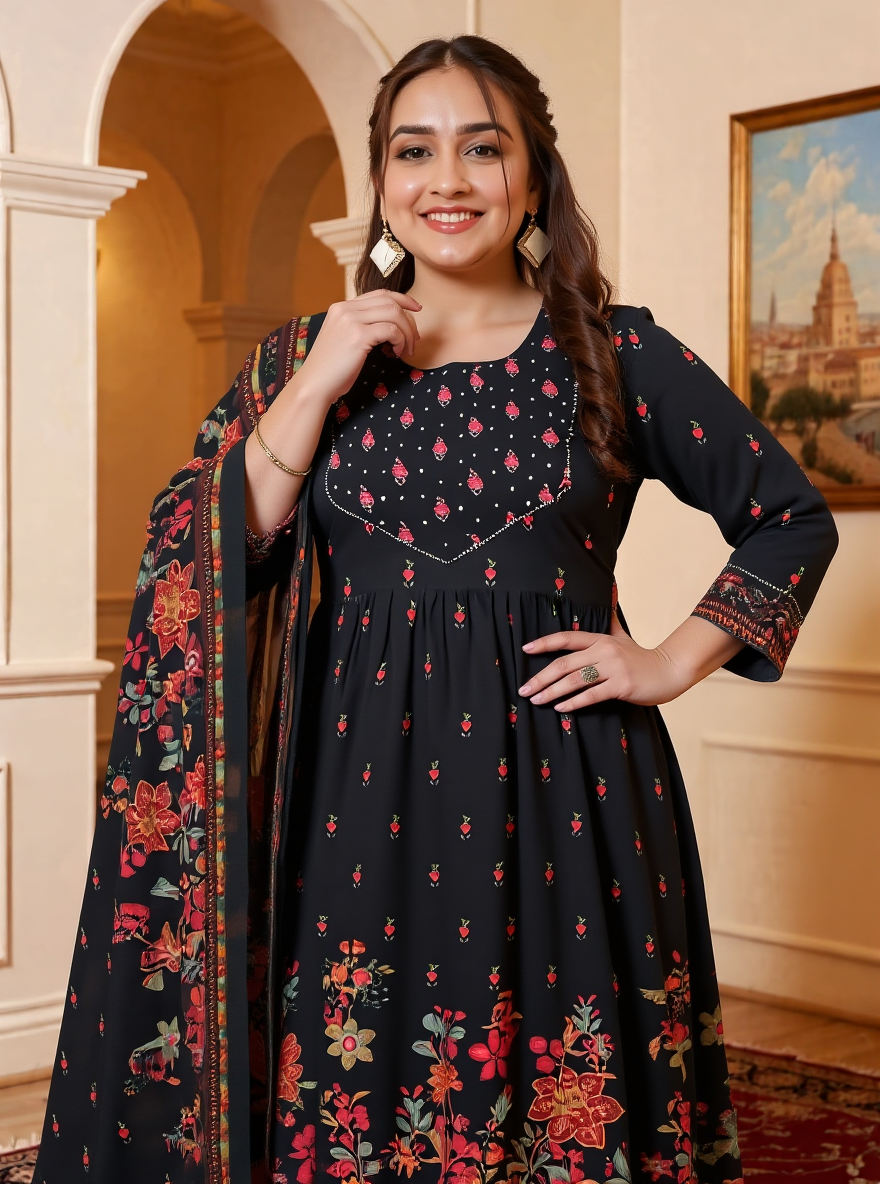 Viscose Floral Flared Black Kurta