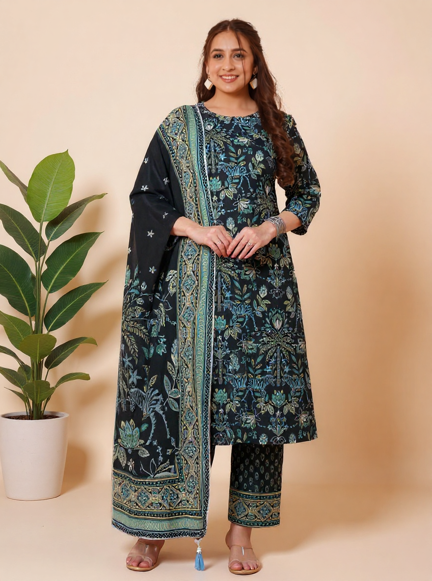 Embroidered Soft Cotton Floral Straight Black Kurta