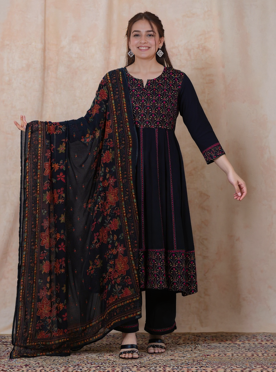 Viscose Solid Anarkali Black Kurta