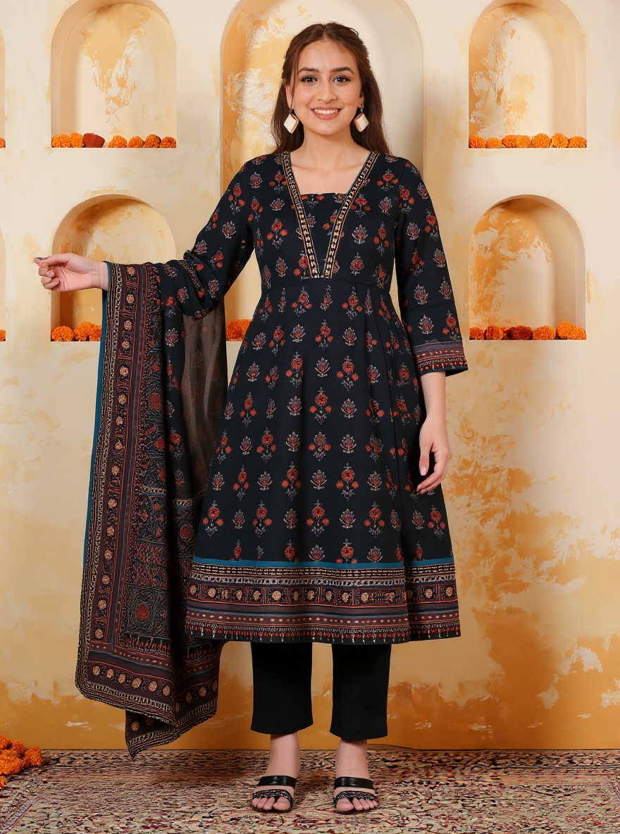 Soft Cotton Geometric Anarkali Black Kurta
