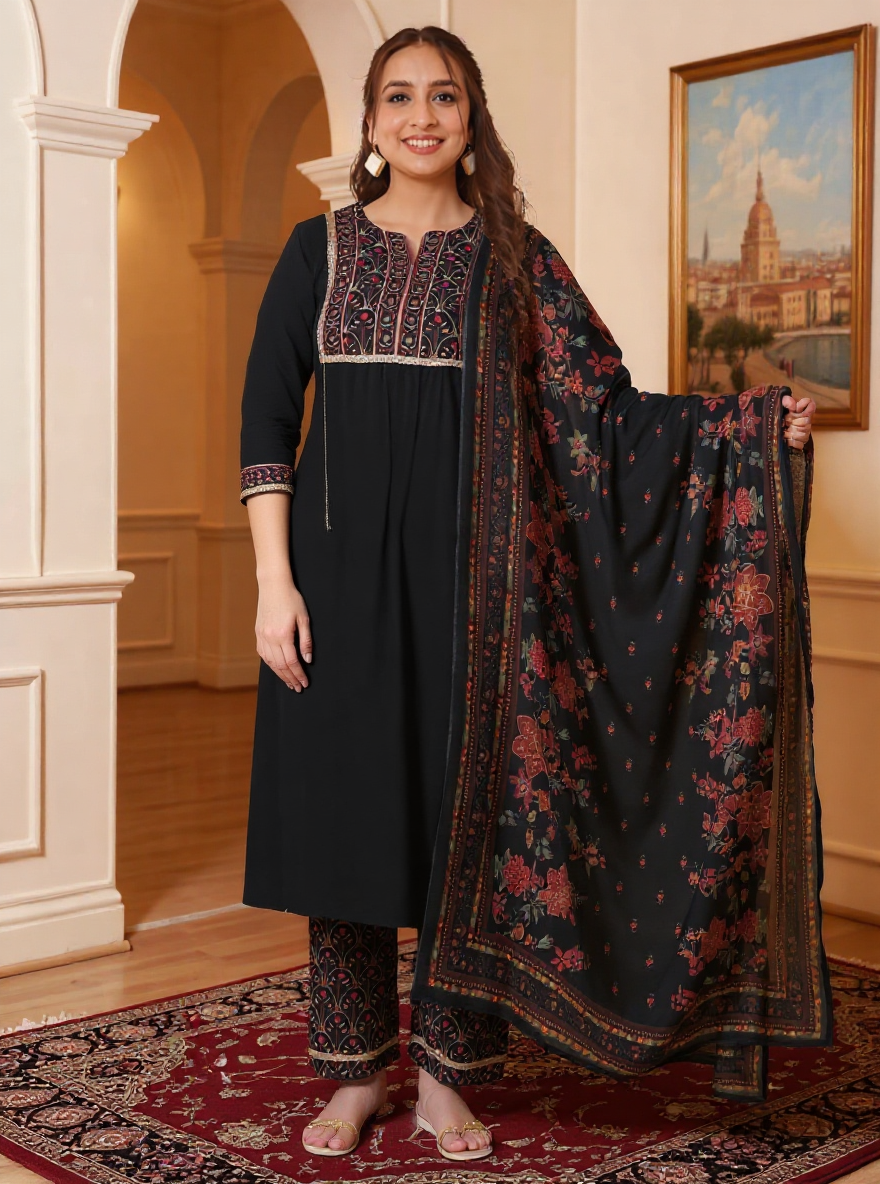 Viscose Solid Flared Black Kurta