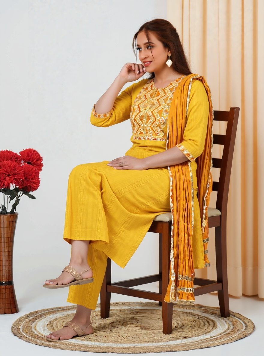 Embroidered Cotton Dobby Solid Yellow Kurta