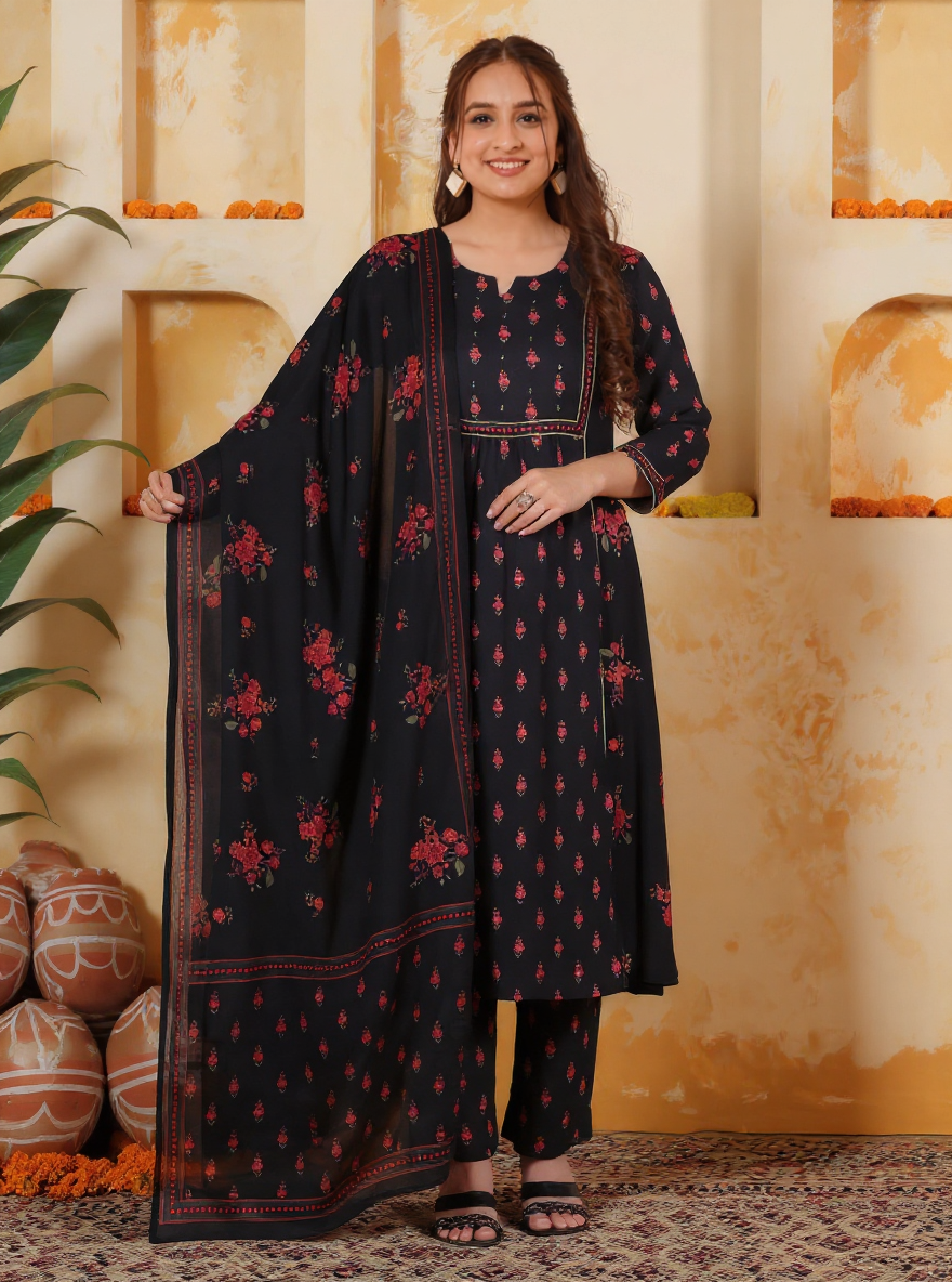 Embroidered Viscose Floral Flared Black Kurta