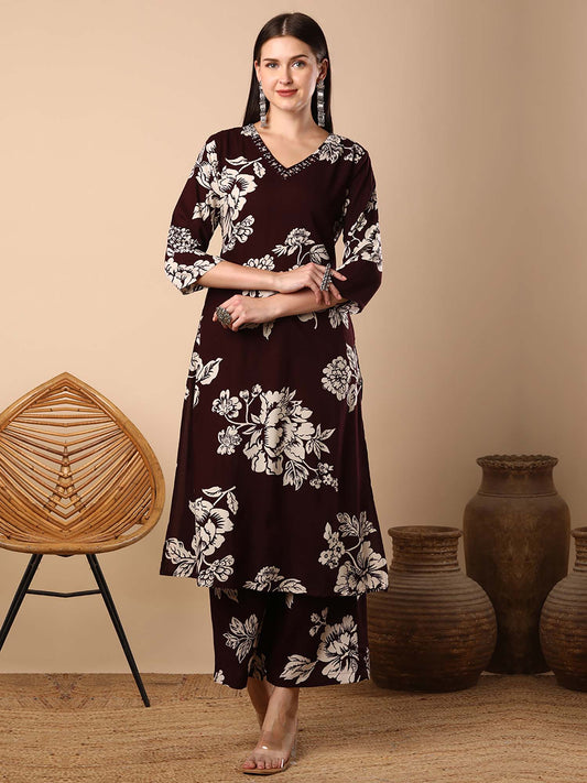 Abstract Floral Printed Straight Fit Co-Ord - Brown (Set of 2)