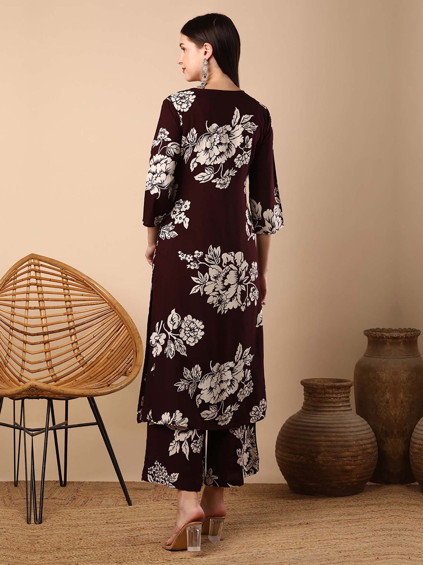 Abstract Floral Printed Straight Fit Co-Ord - Brown (Set of 2)