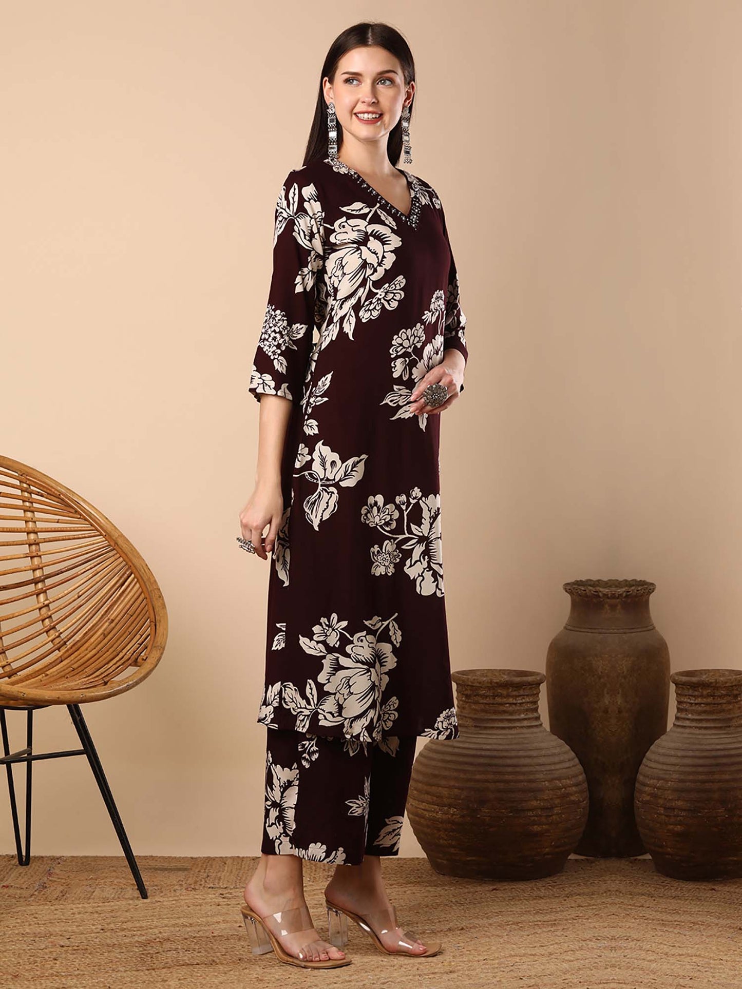 Abstract Floral Printed Straight Fit Co-Ord - Brown (Set of 2)