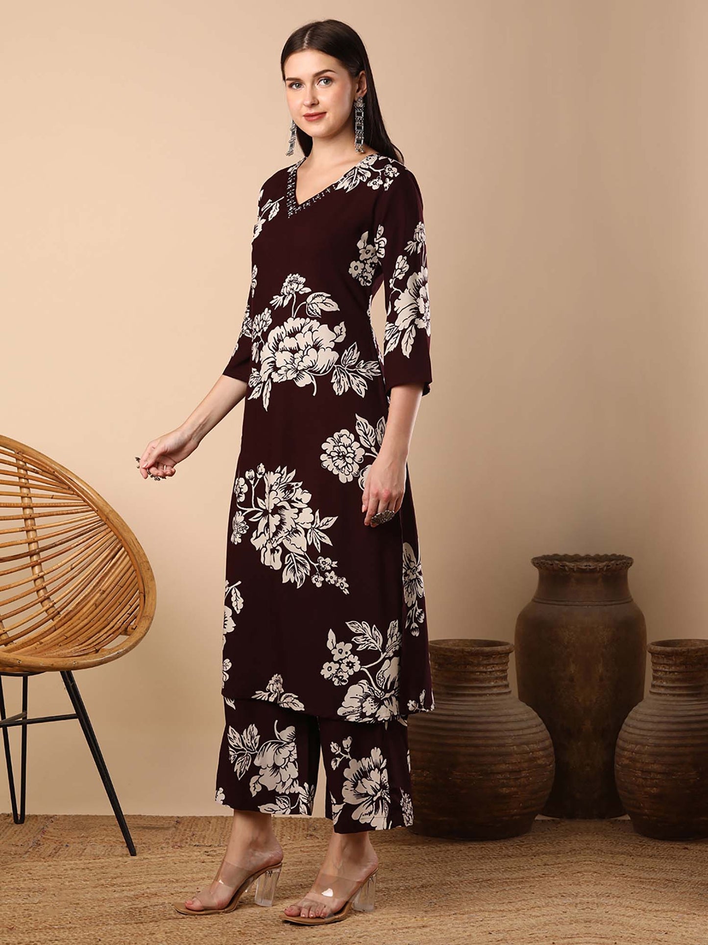 Abstract Floral Printed Straight Fit Co-Ord - Brown (Set of 2)