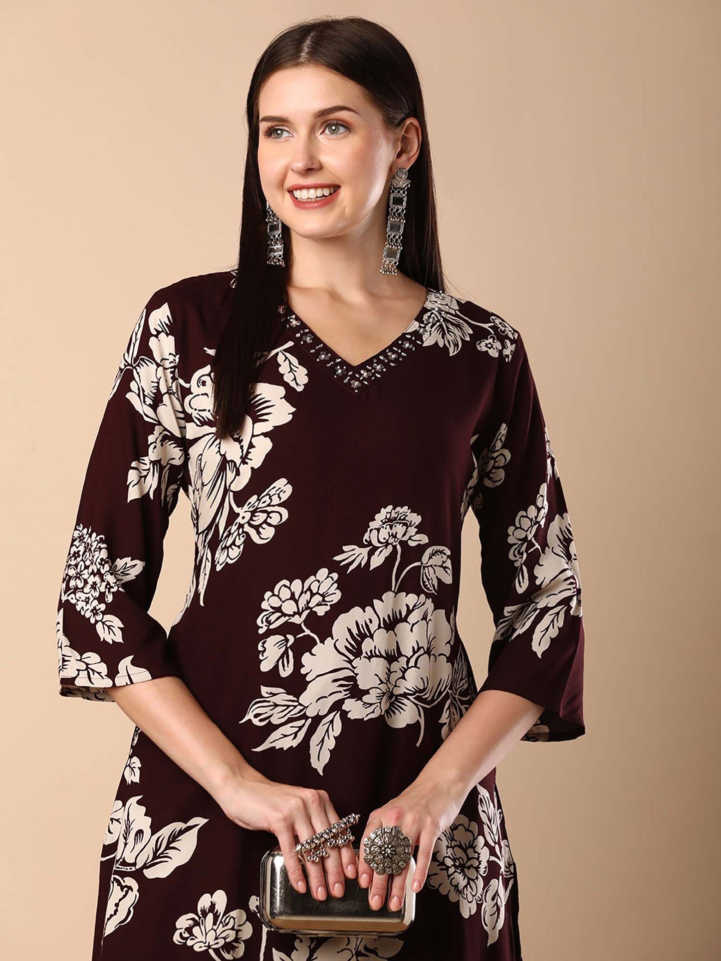 Abstract Floral Printed Straight Fit Co-Ord - Brown (Set of 2)