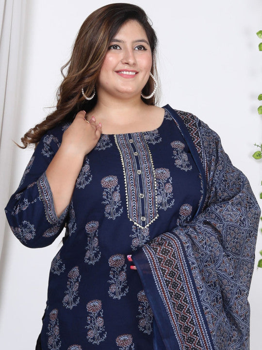 Swasti Plus Size Floral Printed Pure Cotton Kurta With Trousers & Dupatta