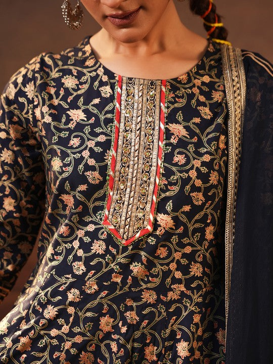 Ishin Women Navy Blue Floral Printed Gotta Patti Kurta & Sharara With Dupatta