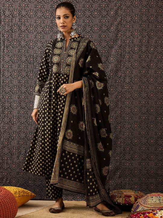 Indo Era Women Ethnic Motifs Embroidered Panelled Thread Work Pure Cotton Kurta with Trousers & With Dupatta