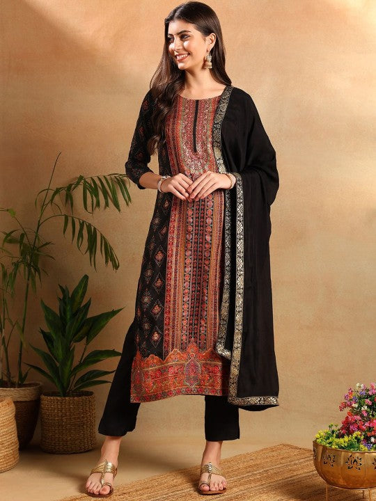 AHIKA Ethnic Motifs Woven Design Zardozi Straight Kurta