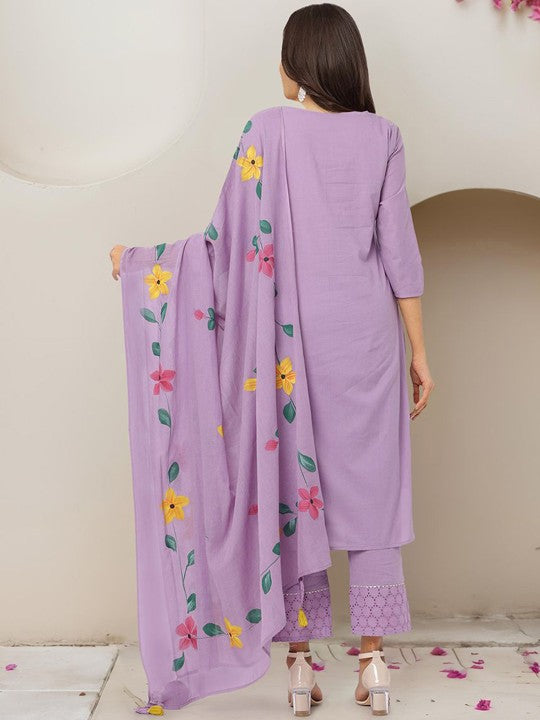 Ishin Floral Embroidered Regular Thread Work Pure Cotton Kurta With Trousers & Dupatta
