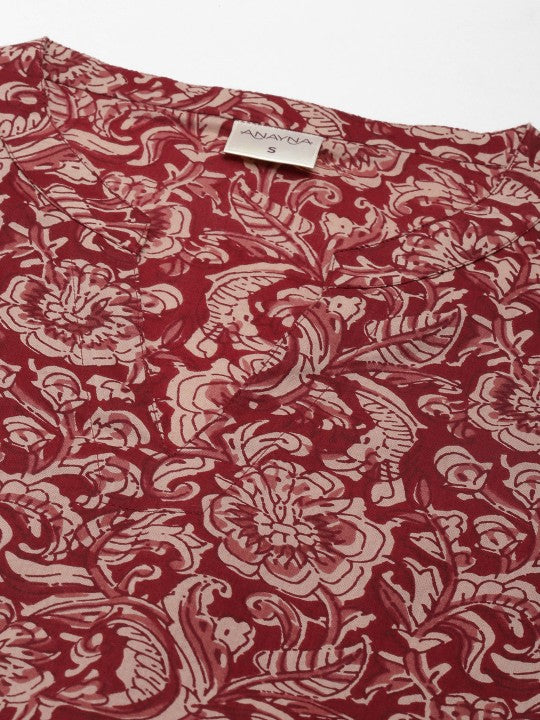 anayna Red Floral Ethnic A-Line Cotton Midi Ethnic Dress