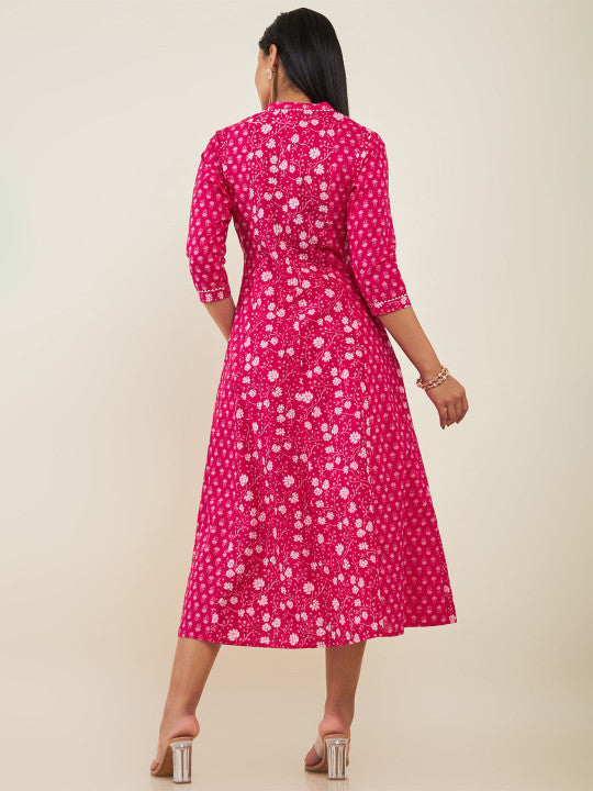 Mandarin Collar Floral Printed Cotton Fit & Flare Midi Ethnic Dress