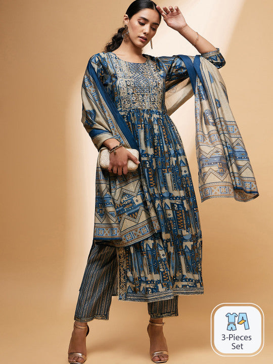 all about you Ethnic Motifs Printed Mirror Work Kurta with Trousers & With Dupatta