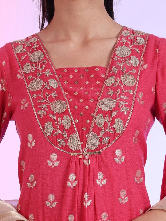 AURELIA Floral Embroidered Sequnnied A-Line Kurta With Palazzos And Dupatta