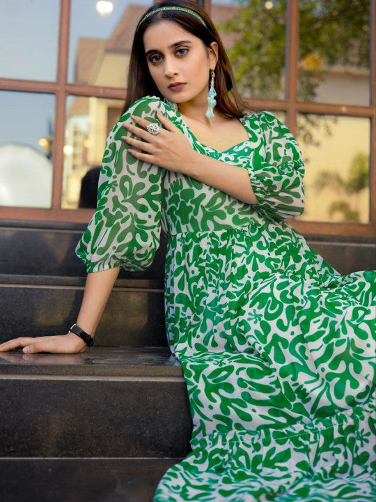 VenderVilla Abstract Printed Georgette Puff Sleeve Fit and Flare Midi Dress