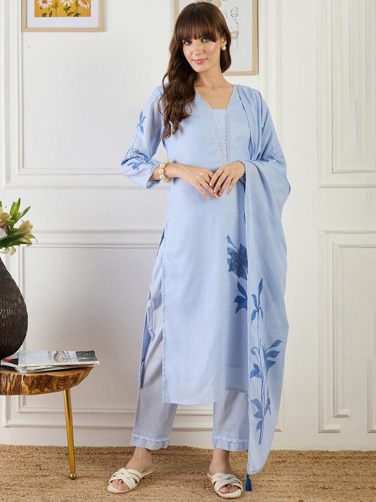 Indo Era Women Floral Printed Regular Patchwork Linen Kurta with Trousers & Dupatta
