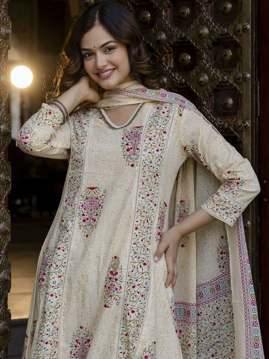 Anouk Floral Printed Panelled V-Neck Pure Cotton A-Line Kurta With Palazzos & Dupatta