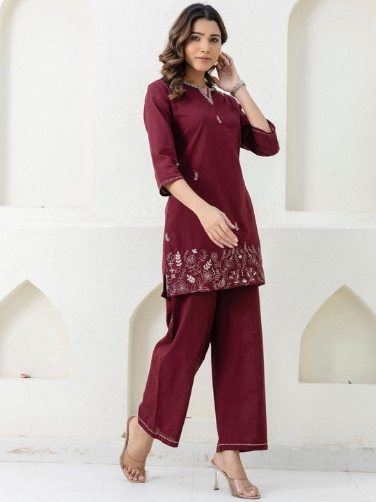 AUTUMN LANE Embroidered Shirt Collar Top With Trousers Co-Ords