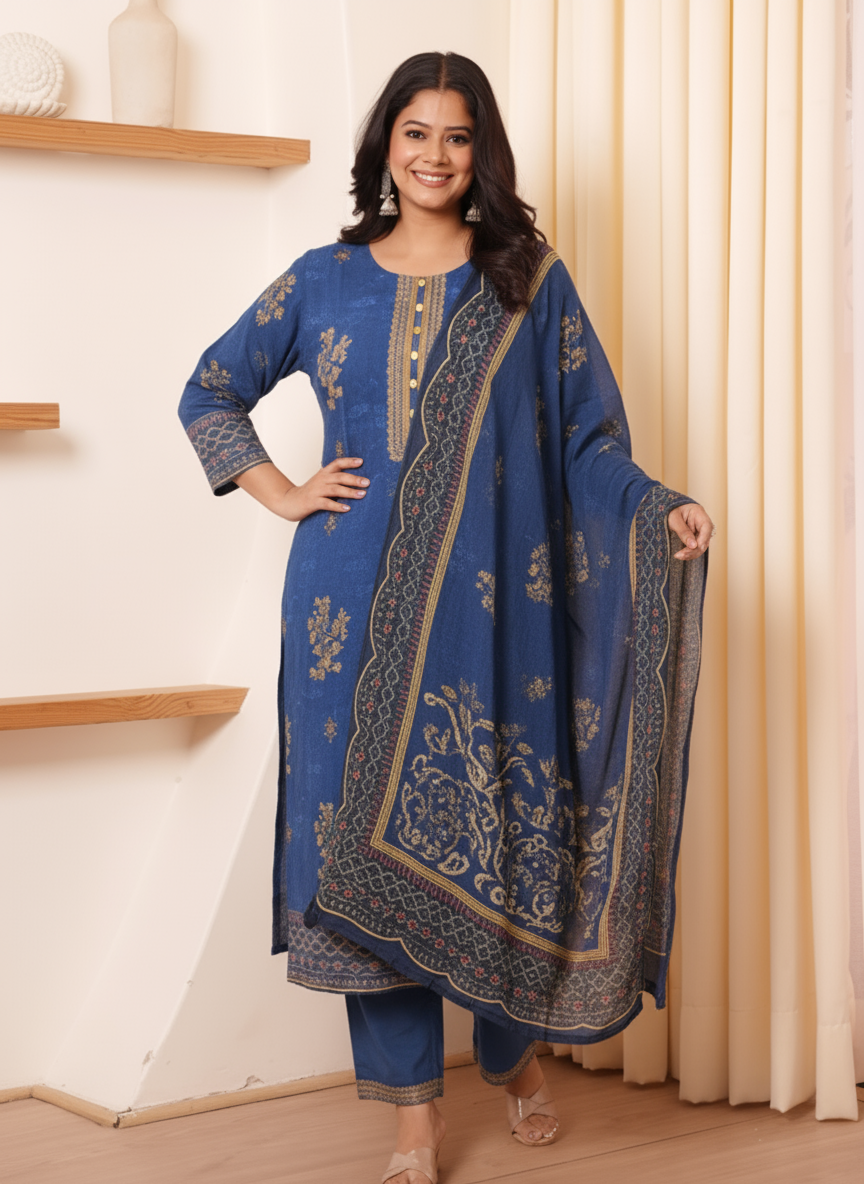 Viscose Geometric Straight Blue Kurta