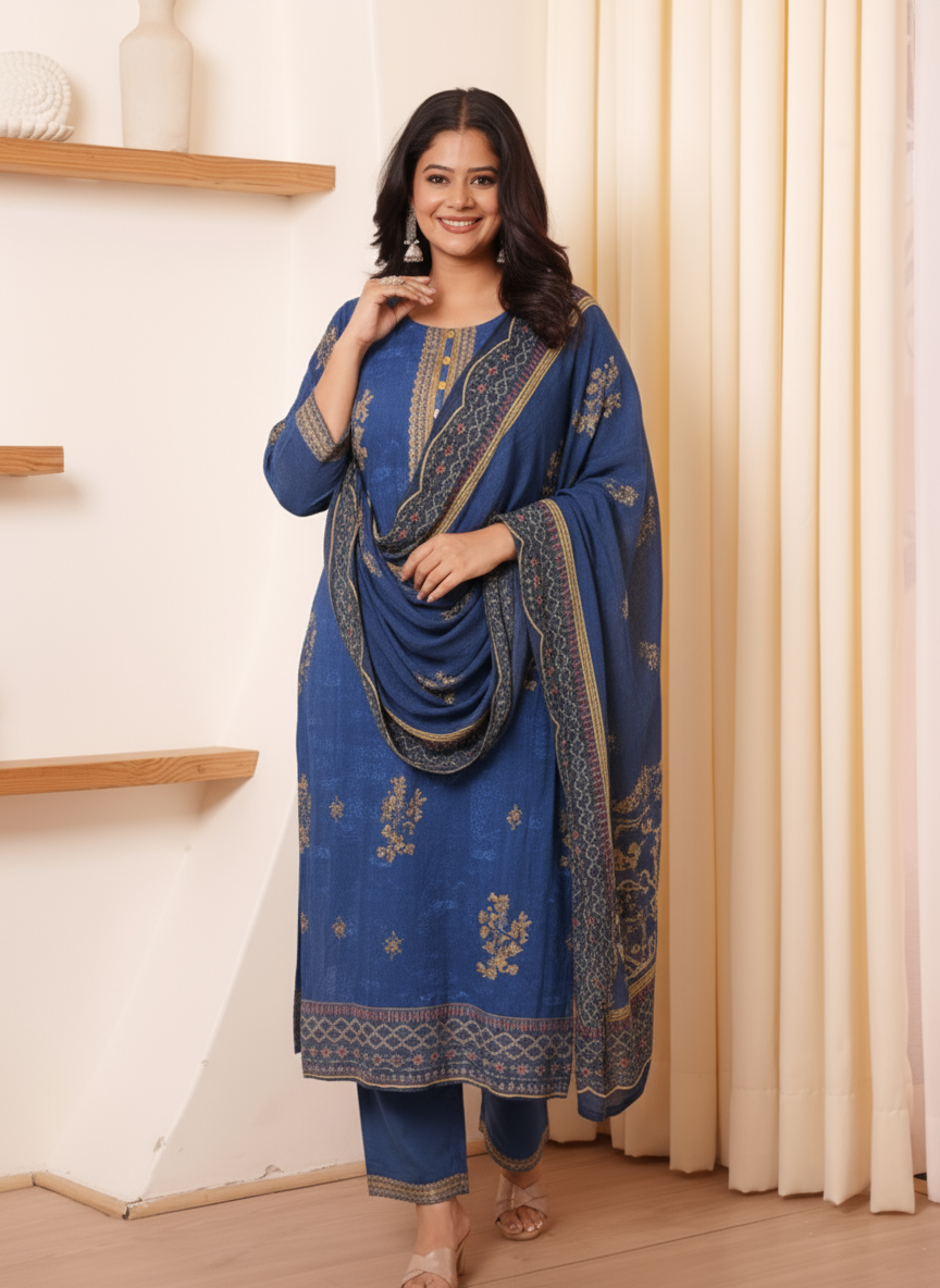 Viscose Geometric Straight Blue Kurta