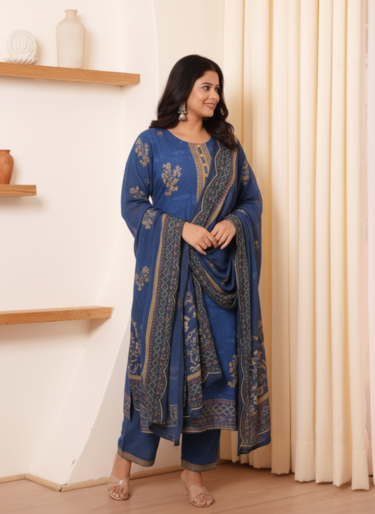 Viscose Geometric Straight Blue Kurta
