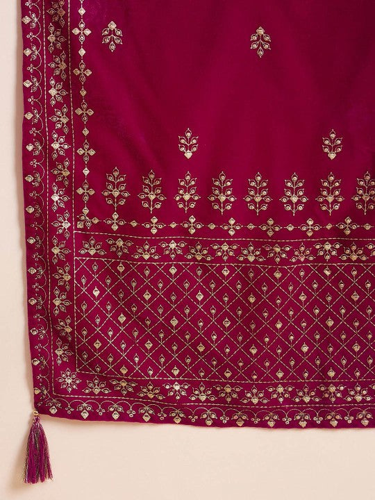 House of Pataudi Floral Embroidered Velvet Straight Kurta