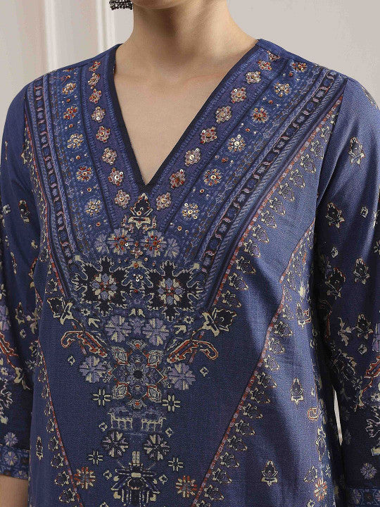 Biba Women Ethnic Motifs Printed Cotton Kurta with Palazzos & Dupatta