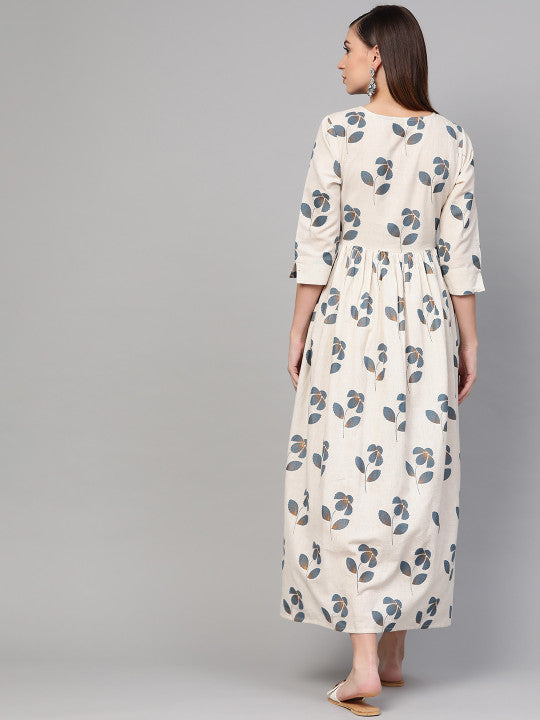 Idalia Women Off-White & Blue Floral Printed Maxi Dress