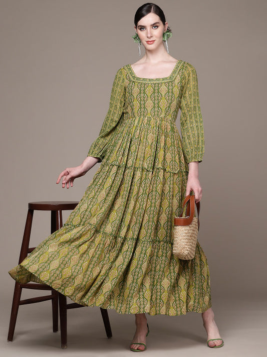 aarke Ritu Kumar Ethnic Motifs Print Puff Sleeves Tiered A-Line Maxi Dress